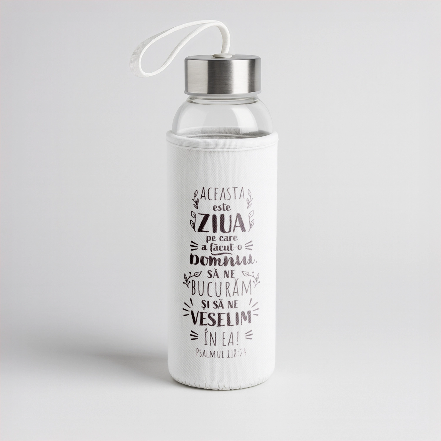 Bidon sticla cu husa textila, cu verset biblic - Psalmul 118:24 Bidon sticla cu husa textila, cu verset biblic - Psalmul 118:24